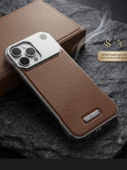 Чехол для iPhone 16 Pro кожаный с металлической защитой камеры, премиум кейс, коричневый - Фото 1