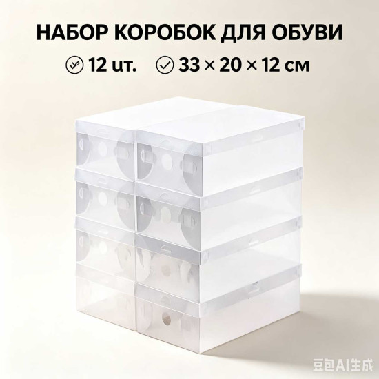 Коробки для хранения обуви и вещей прозрачные 12 шт