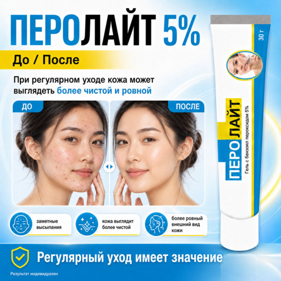 Перолайт 5% гель с бензоил пероксидом от прыщей для жирной кожи