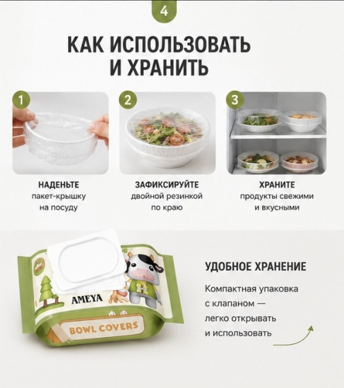 Набор пакетов-крышек для хранения продуктов с двойной резинкой