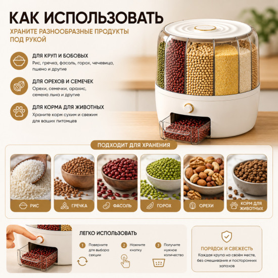 Контейнер-диспенсер для хранения круп и сыпучих продуктов, 6 секций, вращающийся 360°