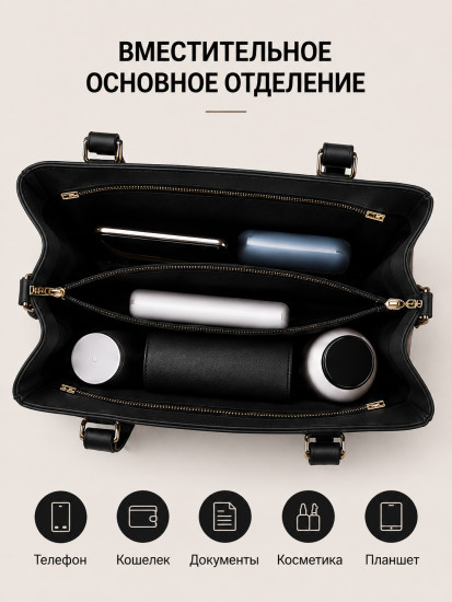 Сумка женская классическая с ручками и длинным ремнем, с кошельком, черная