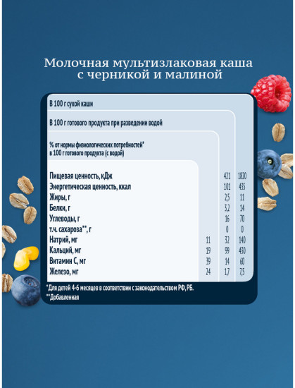 Каша молочная детская «Мультизлаковая с черникой и малиной»