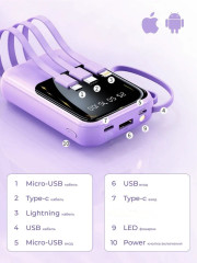 Внешний аккумулятор 20000mAh с встроенными кабелями фиолетовый - Фото 2