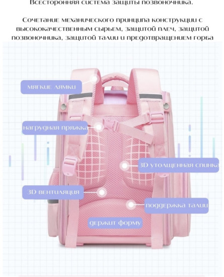 Школьный рюкзак ортопедический 3D Единорог, розовый/сиреневый, с пеналом