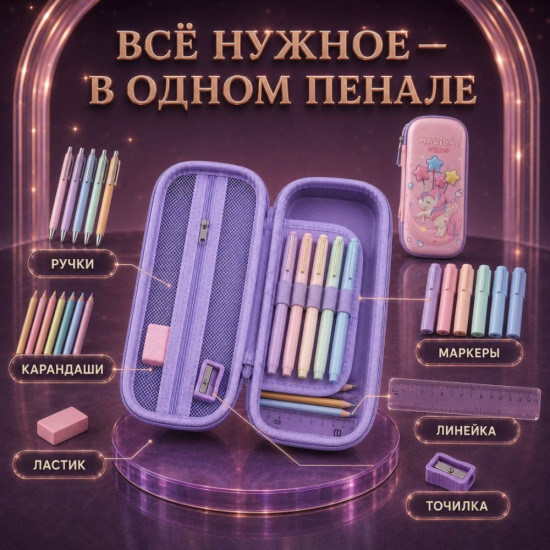 Пенал 3D пенал для девочек , застежка молния, розовый, фиолетовый