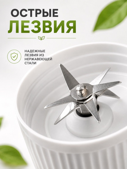 Портативный блендер для смузи и коктейлей, беспроводной мини блендер 380 мл, белый