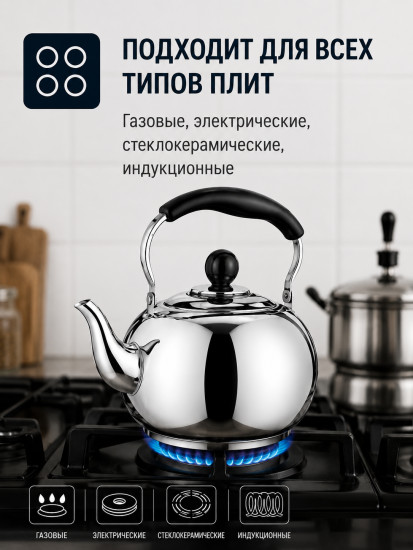 Чайник для плиты 4 л из нержавеющей стали, со свистком, металлический
