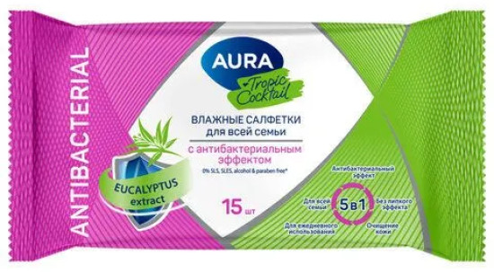 Влажные салфетки c антибактериальным эффектом в ассортименте TROPIC COCKTAIL, 15шт