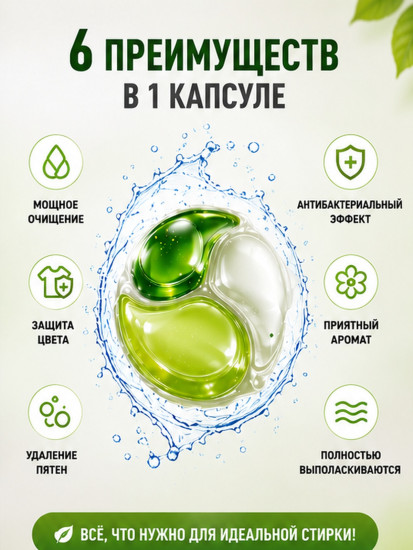 Капсулы для стирки 8в1, Green Apple, 36шт