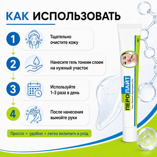 Гель от акне, прыщей и комедонов с бензоил пероксидом 2,5% Перолайт, 30 г