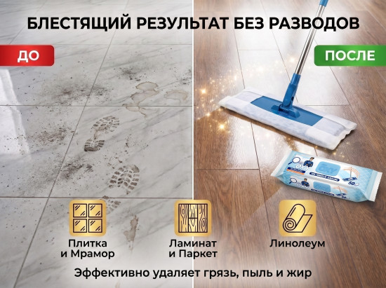 Набор для уборки пола: Легкая швабра + Влажные салфетки XL 50 шт
