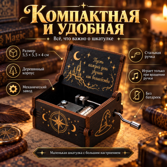 Музыкальная шкатулка с ручным механизмом, деревянная, компактная, подарочная