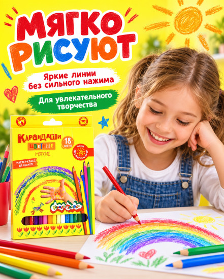 Цветные карандаши Каляка-Маляка, мягкие, 18 цветов, деревянные, шестигранные