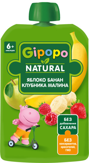 Пюре фруктовое Яблоко, банан, малина, клубника
