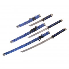 Катаны сувенирные 3 в 1 на подставке, ткань, синие ножны, узоры с драконом - Фото 1