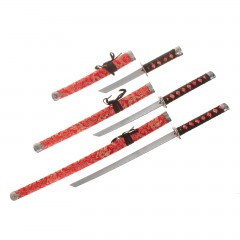 Катаны сувенирные 3 в 1 на подставке, красные ножны, узоры с драконом - Фото 1