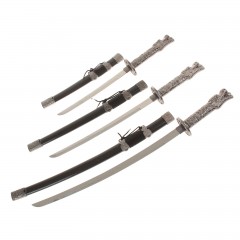 Катаны сувенирные 3 в 1 на подставке, кожа, черные ножны, рукоять- голова дракона - Фото 3