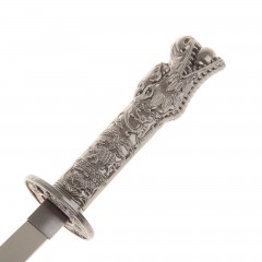 Катаны сувенирные 3 в 1 на подставке, кожа, черные ножны, рукоять- голова дракона - Фото 1