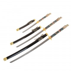 Катаны сувенирные 3 в 1 на подставке, черные ножны, рукоять под слоновую кость, голова дракона - Фото 2