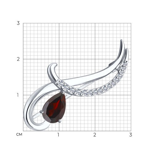 Брошь из серебра с гранатом и фианитами