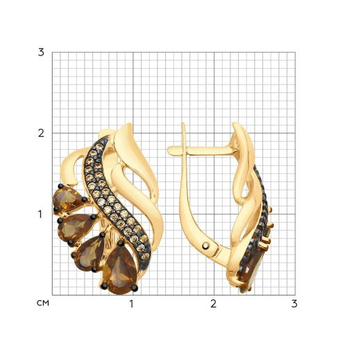 Серьги из золоченого серебра с раухтопазами и фианитами