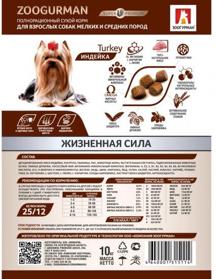 Корм для взрослых собак мелких и средних пород