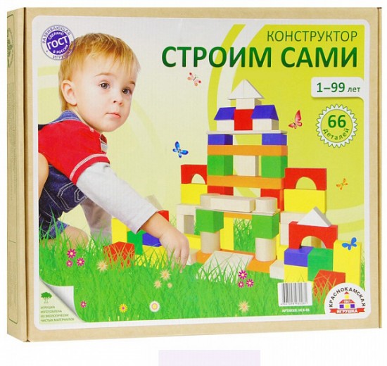 Деревянный конструктор окрашенный «Строим сами», 66 деталей