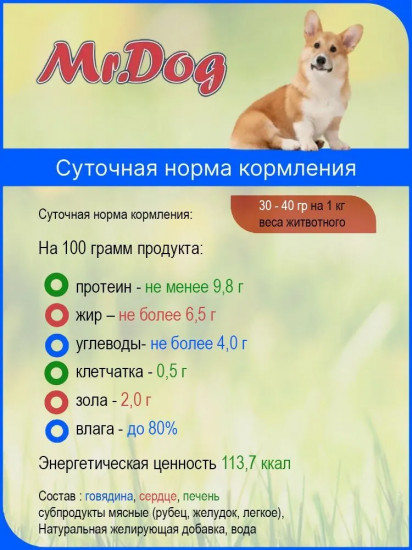 Корм для собак с сердцем, рубцом и печенью