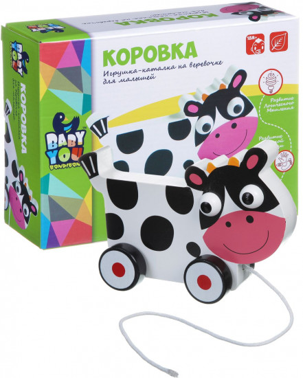 Каталка деревянная на веревочке «Коровка»