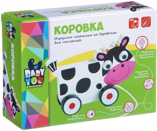 Каталка деревянная на веревочке «Коровка»