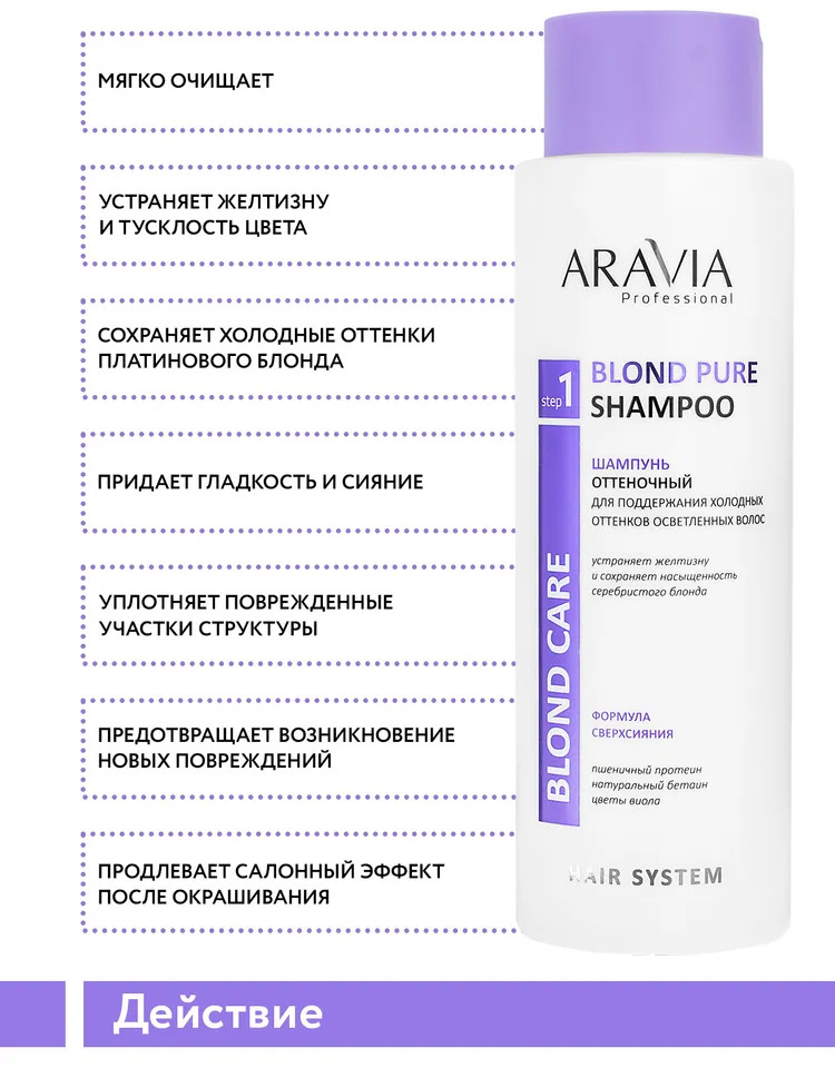 Шампунь для осветлённых волос оттеночный «Blond Pure Shampoo» | Aravia | Фото 4