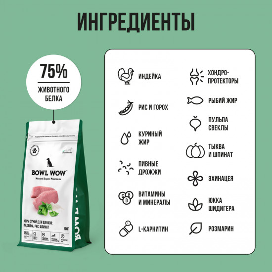 Корм для щенков мелких пород с индейкой, рисом и шпинатом