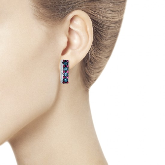 Серьги из серебра с топазами и бесцветными и красными фианитами