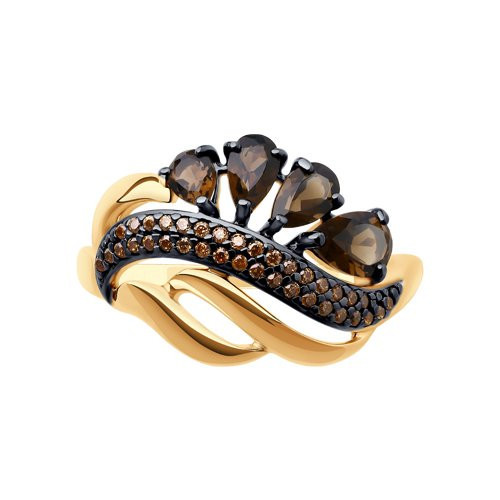 Кольцо из золочёного серебра с раухтопазами и фианитами