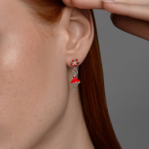 Серьги из серебра с фианитом и эмалью
