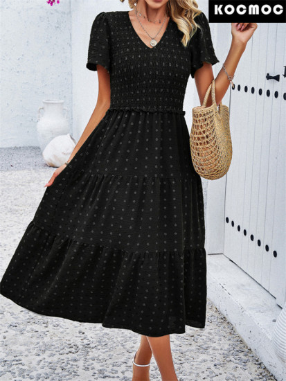 Повседневное однотонное платье с V-образным вырезом и короткими рукавами