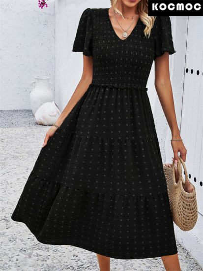 Повседневное однотонное платье с V-образным вырезом и короткими рукавами