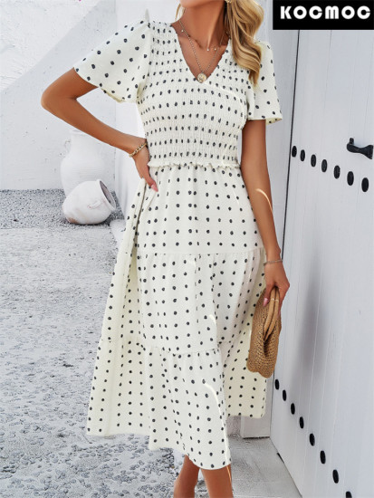 Повседневное однотонное платье с V-образным вырезом и короткими рукавами