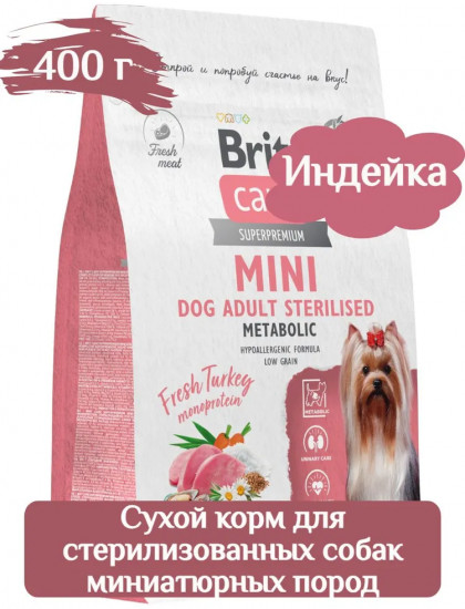 Корм сухой для стерилизованных собак мелких пород с индейкой «Mini Adult Sterilised. Metabolic»