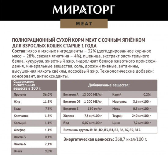 Корм для взрослых кошек с сочным ягненком «Meat»