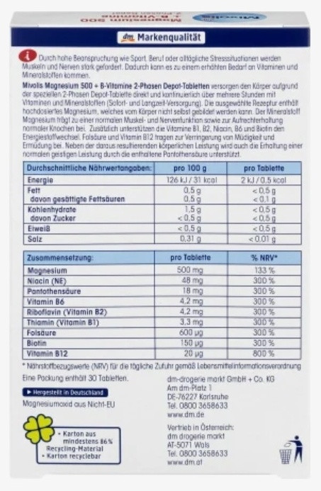 БАД «Magnesium 500+B-Vitamine» | Mivolis | Фото 2