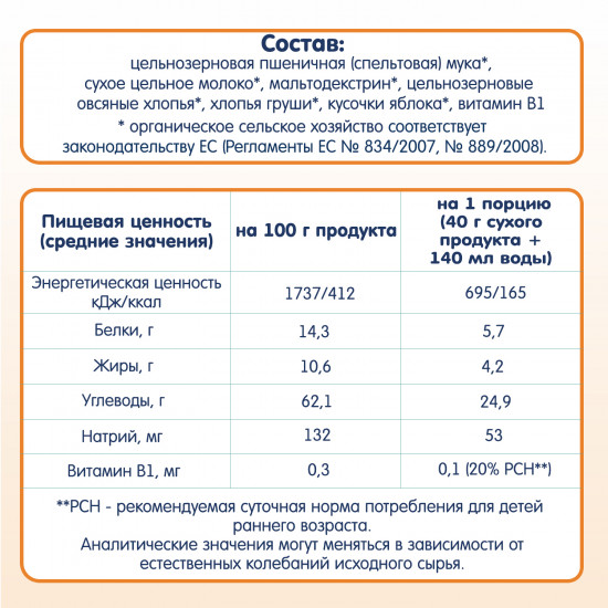 Каша молочная пшенично-овсяная с кусочками груши и яблока