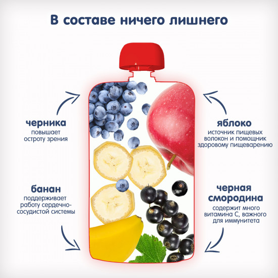 Пюре «Яблоко, банан, чемрная смородина, черника»