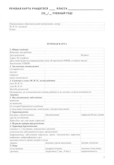 Речевая карта школьника с нарушениями устной и письменной речи
