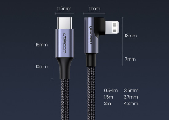 Угловой кабель для зарядки и передачи данных USB C-Lightning