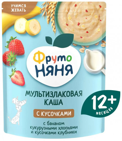 Каша молочная мультизлаковая с бананом, кукурузными хлопьями и кусочками клубники