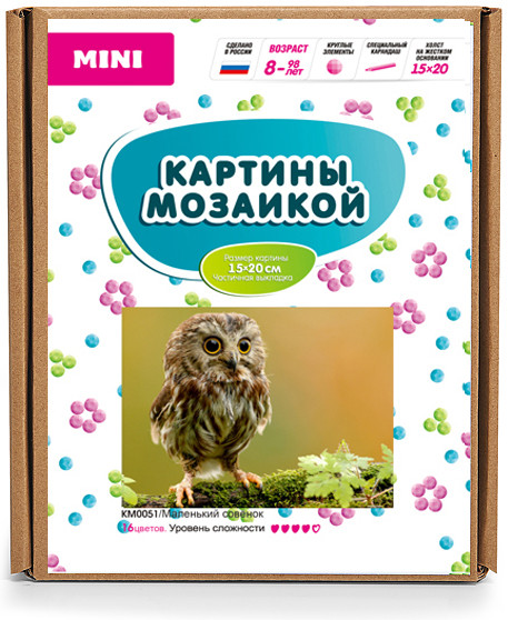 Картина-открытка мозаикой «Маленький совенок» (15×20 см) | Картина-открытка мозаикой | Molly | Фото 1