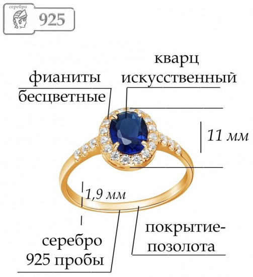 Кольцо из золочёного серебра с фианитами и кварцем