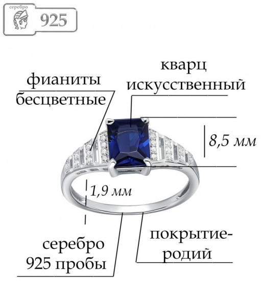 Кольцо из серебра с фианитами и кварцем